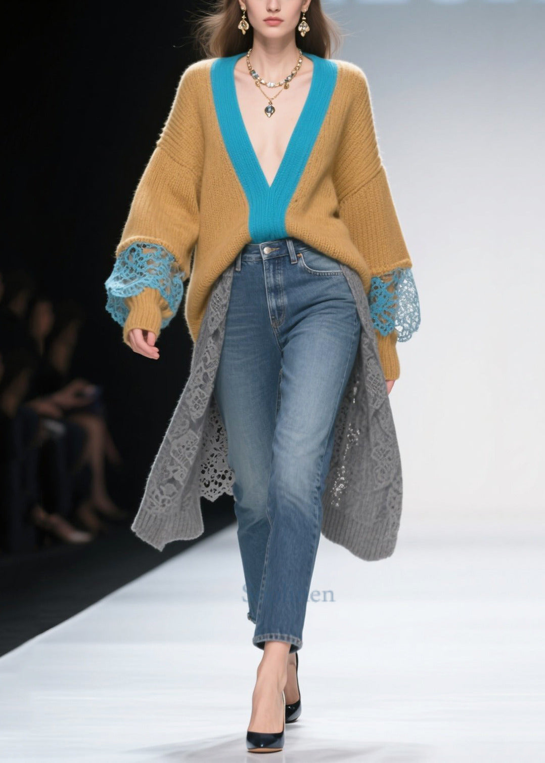 Brown Patchwork Lace Long Sweater Low High Design Winter