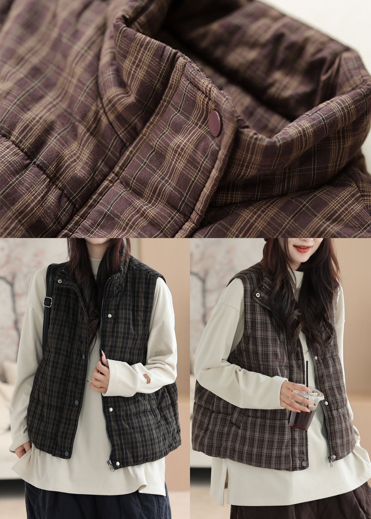 Brown Plaid Fine Warm Cotton Filled Puffer Vest Winter