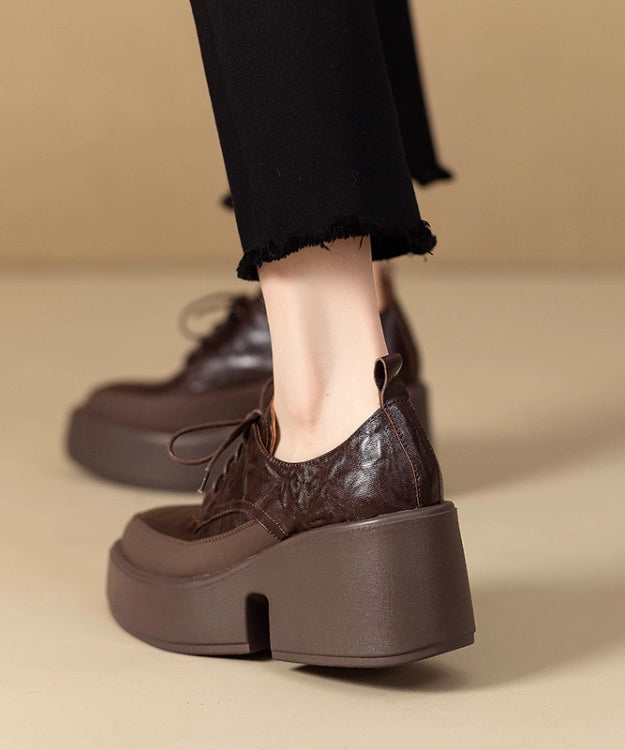 Brown Platform Sheepskin Soft Splicing Lace Up Pointed Toe