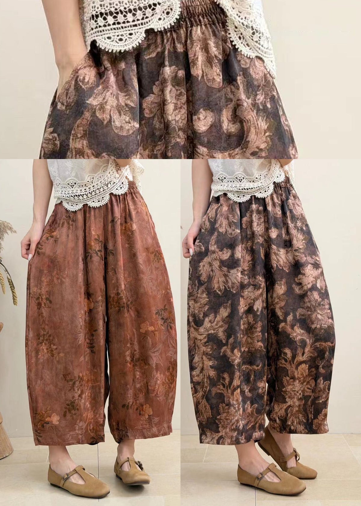 Brown Pockets Print Harem Crop Pants Draping High Waist Summer