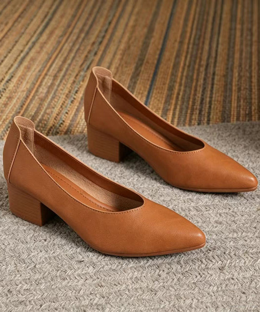 Brown Pointed Toe Faux Leather Low-Cut Chunky High Heels
