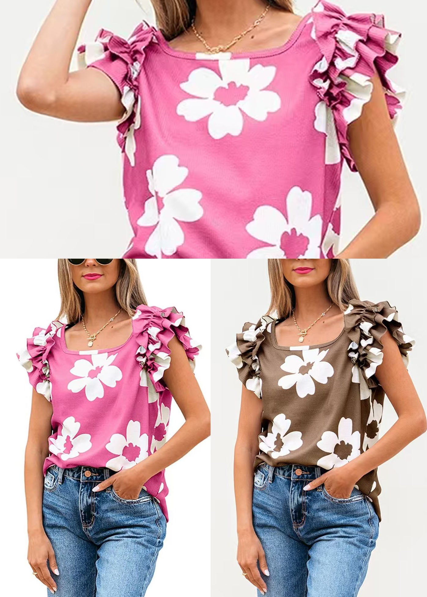 Brown Print Square Collar Cotton Shirt Tops Summer