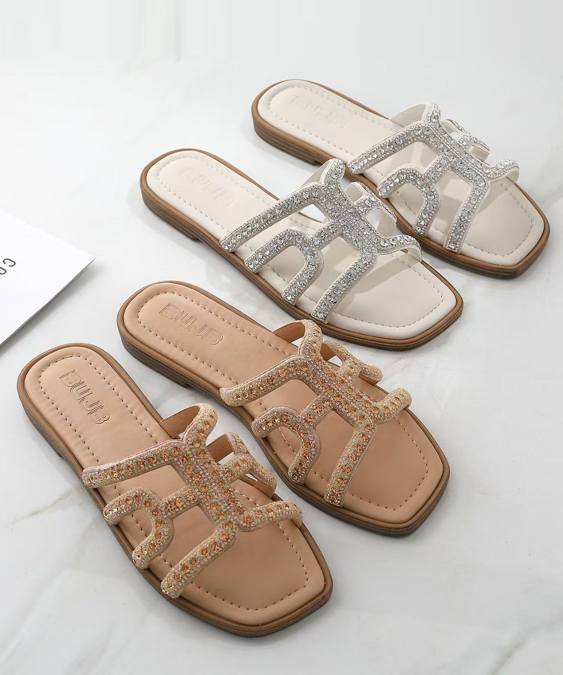 Brown Rhinestone Faux Leather Comfy Flip Flops