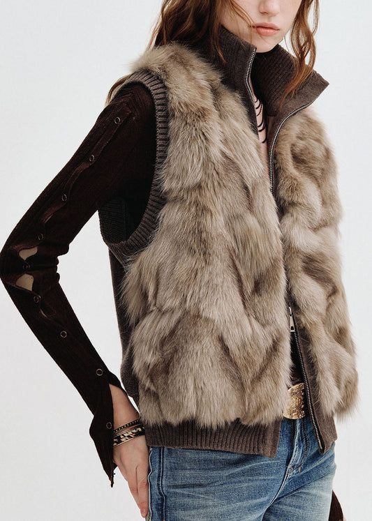 Brown Stand Collar Pockets Mink Hair Mink Hair Winter