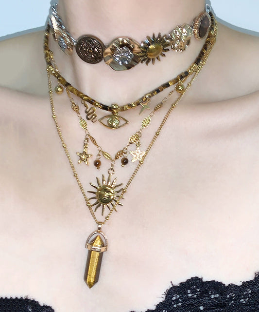 Brown Tiger's Eye Long Column Sun Layering Titanium Steel Four Piece Set Pendant Necklace