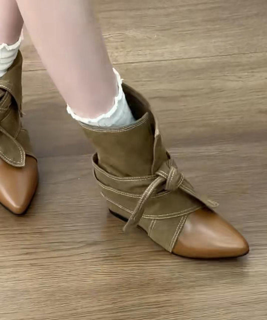 Brown Wedge Cowhide Leather Fine Splicing Boots Pointed Toe