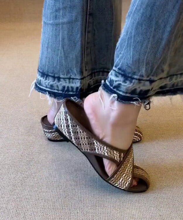 Brown Wedge Faux Leather Comfortable Splicing Slide Sandals