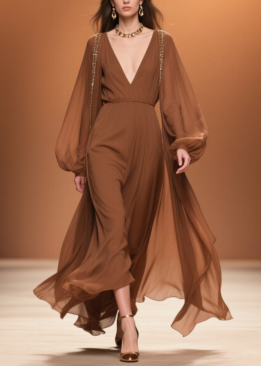 Brown Wrinkled High Waist Chiffon Maxi Dresses V Neck Spring