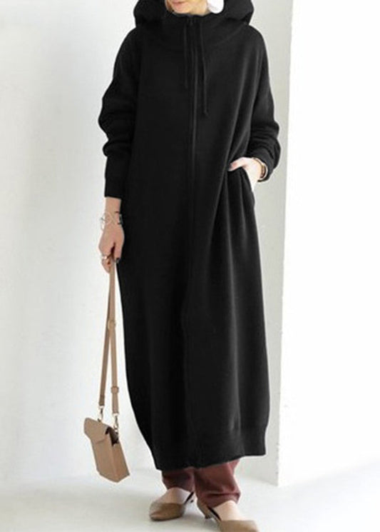 Brown Zippered Pockets Solid Warm Fleece Long Coat Hooded