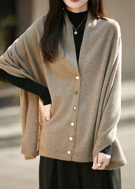 Camel Button Cozy Woolen Cape Sweater Asymmetrical Batwing Sleeve