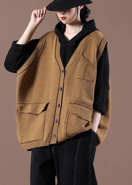 Camel Knitted Waistcoat V Neck women sweatar vest - SooLinen