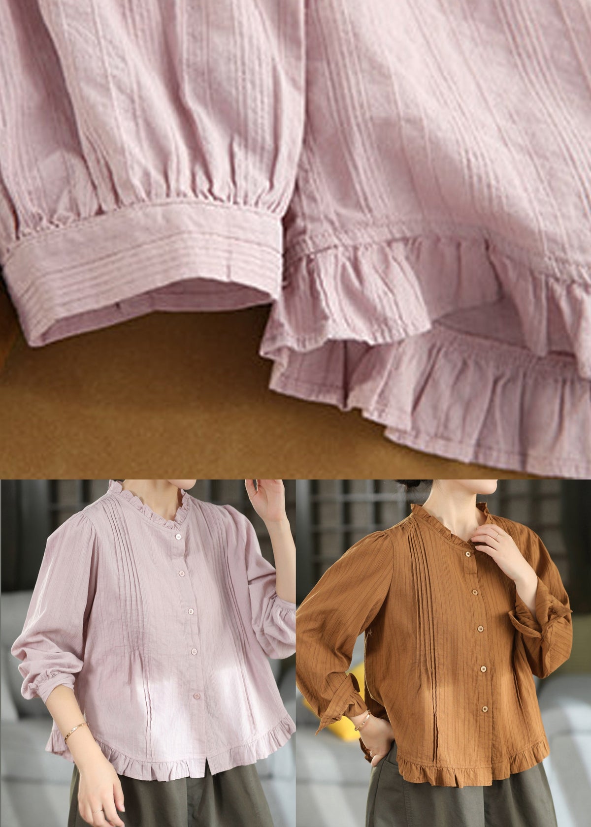 Caramel Button Patchwork Cotton Shirt Tops Ruffled Fall