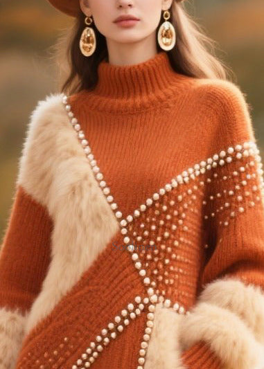Caramel Patchwork Faux Fur Sweater Dress Nail Bead Winter