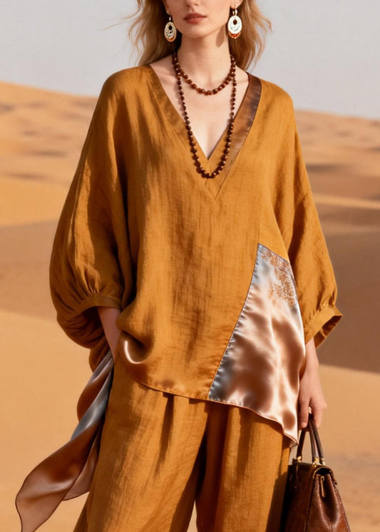 Caramel Pockets Silk Patchwork Tops And Crop Pants Linen Two-Piece Set V Neck Spring