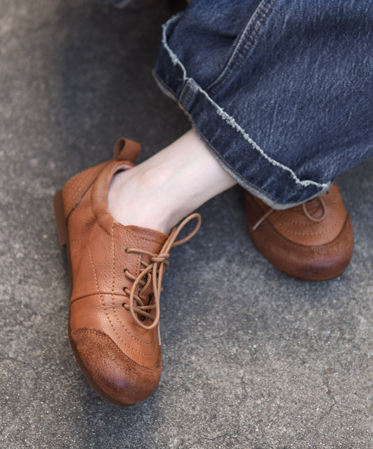 Casual Apricot Cowhide Leather Lace Up Splicing Flats