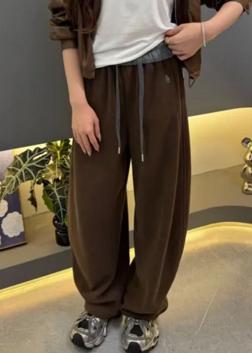 Casual Apricot Elastic Waist Warm Fleece Wide Leg Pants Winter