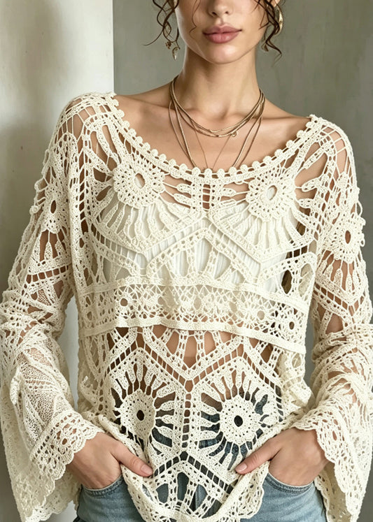 Casual Apricot O-Neck Hollow Out Crochet Shirts Fall