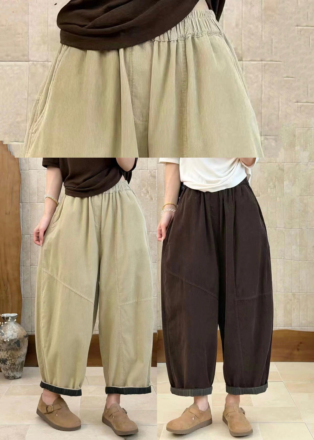 Casual Apricot Pockets High Waist Corduroy Crop Pants Fall