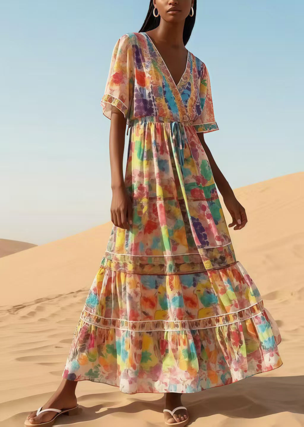 Casual Apricot Print Chiffon Maxi Dresses Summer