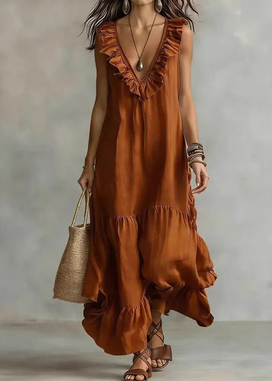 Casual Apricot V Neck Ruffled Patchwork Solid Maxi Dress Summer