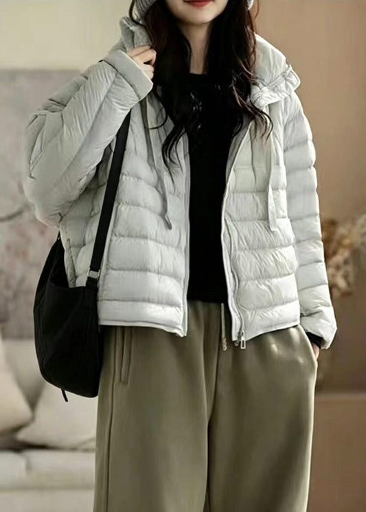 Casual Beige Hooded Drawstring Stand Collar Cotton Filled Puffers Jackets Winter