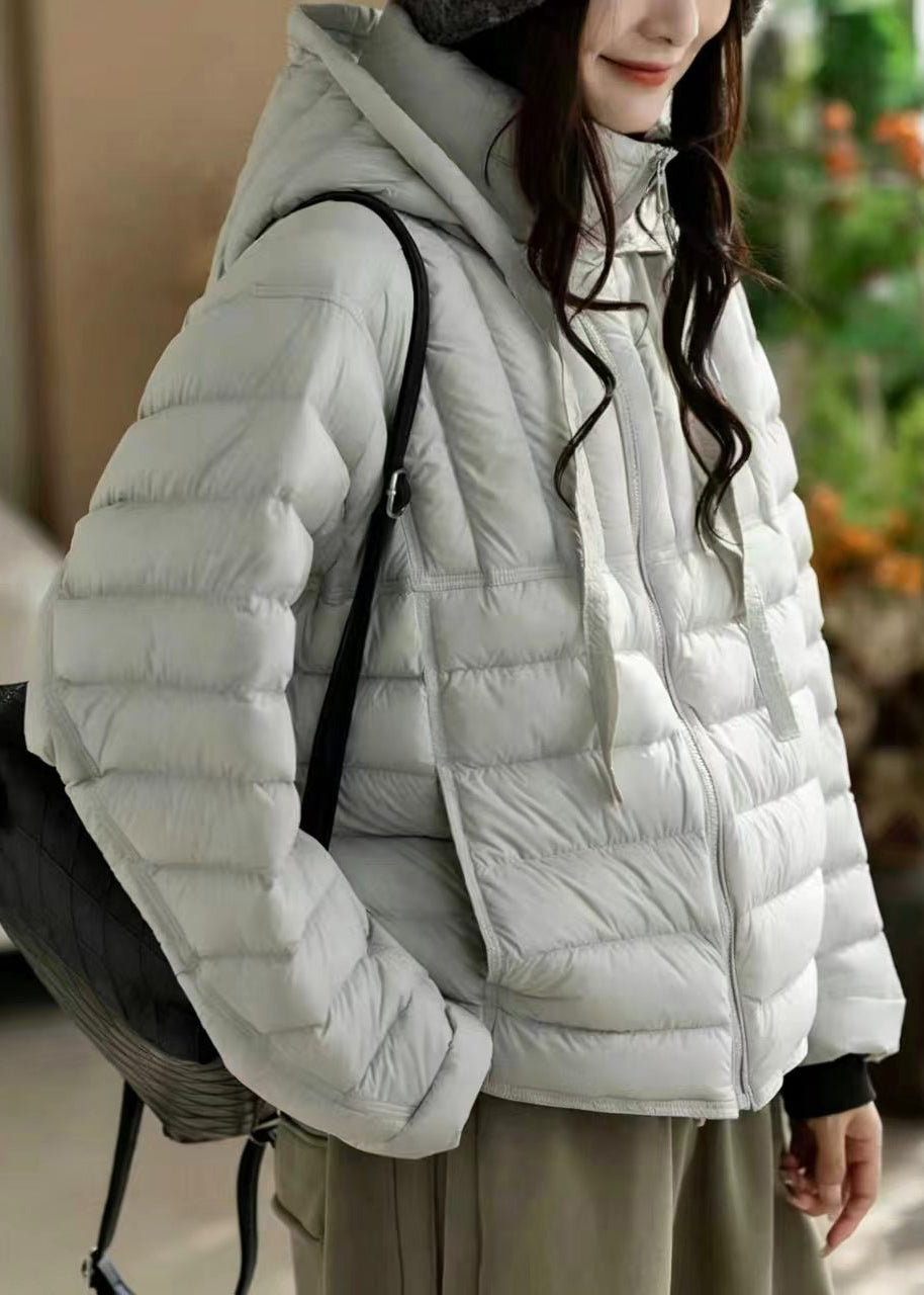 Casual Beige Hooded Drawstring Stand Collar Cotton Filled Puffers Jackets Winter