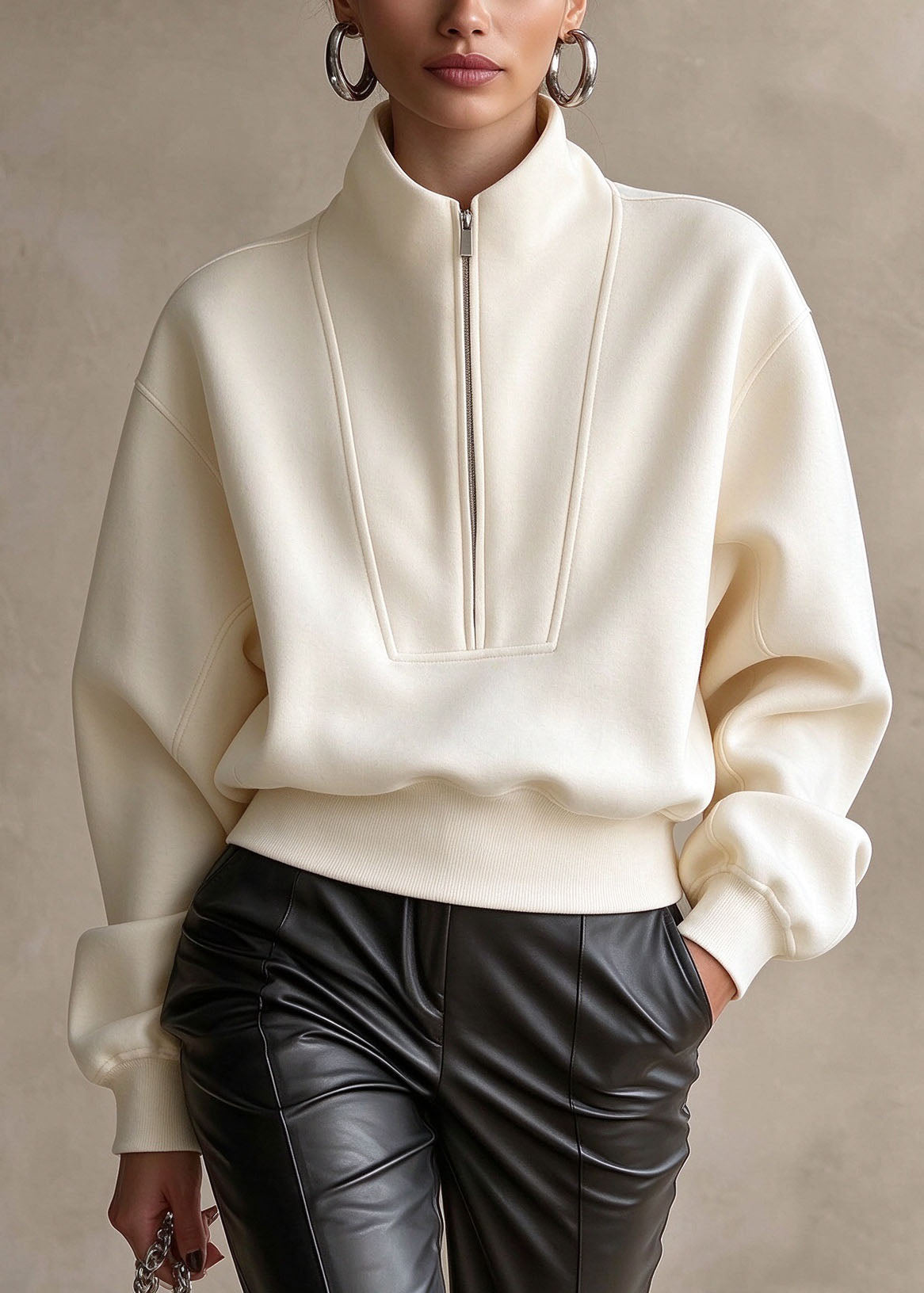 Casual Beige Stand Collar Zip Up Patchwork Cotton Top Fall