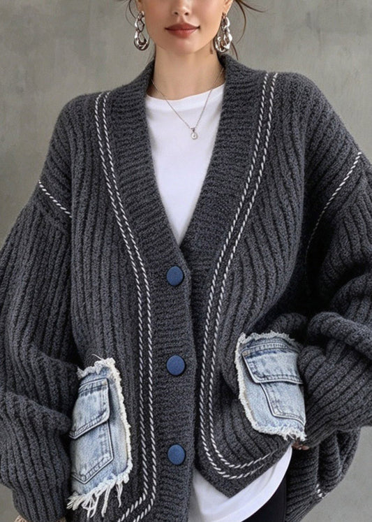Casual Black Button Pockets Patchwork Cotton Knit Cardigans Fall