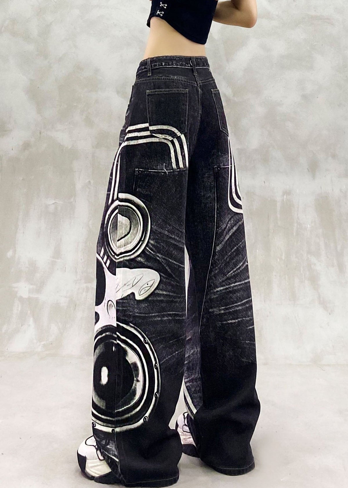 Casual Black Cartoon Print Pockets Patchwork Wide Leg Jeans