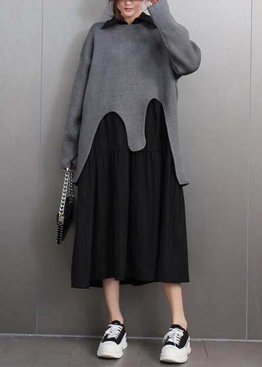 Casual Black O-Neck Asymmetrical Cotton Knitted Sweaters Fall