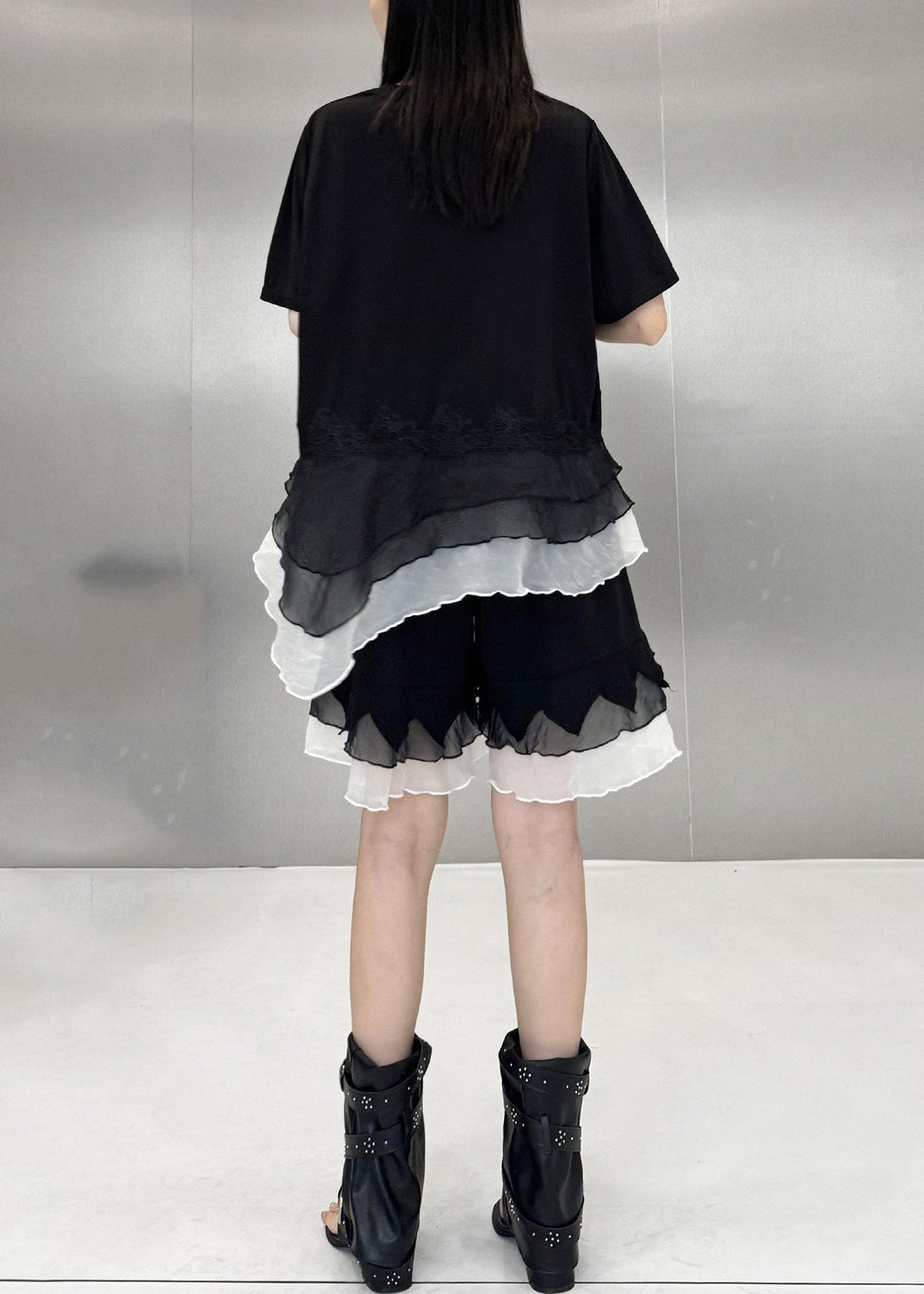 Casual Black O-Neck Asymmetrical Patchwork Top And Wide Leg shorts Two Piece Suit Set Summer