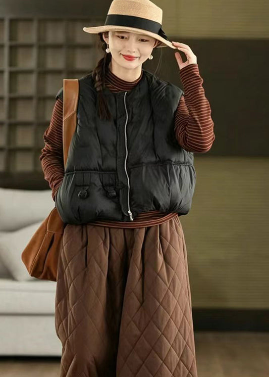 Casual Black O-Neck Frog Button Cotton Filled Waistcoat Sleeveless