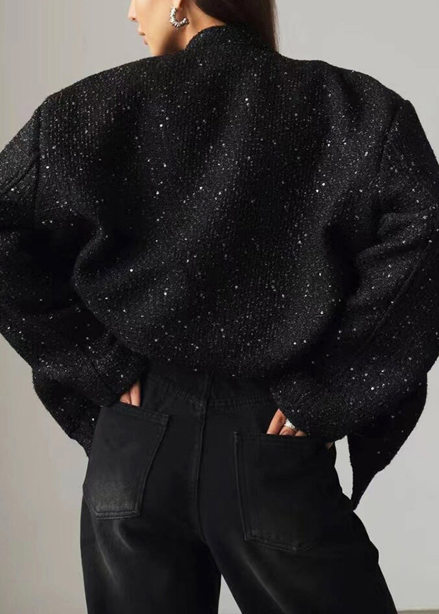 Casual Black Oversized Stand Collar Sequins Pockets Jackets Fall