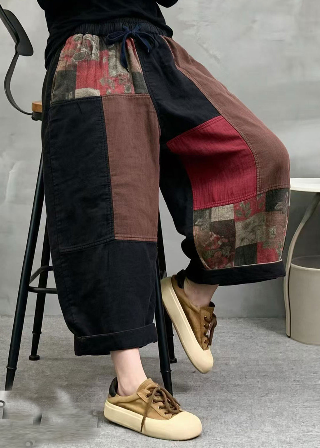Casual Black Patchwork Drawstring Elastic Waist Cotton Crop Pants Fall