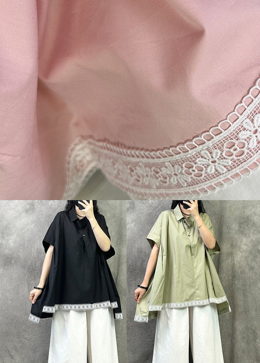 Casual Black Peter Pan Collar Asymmetrica Design Cotton Top Summer