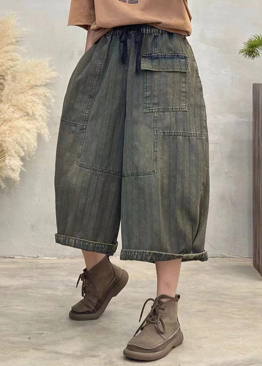 Casual Black Pockets Striped Patchwork Denim Crop Pants Fall