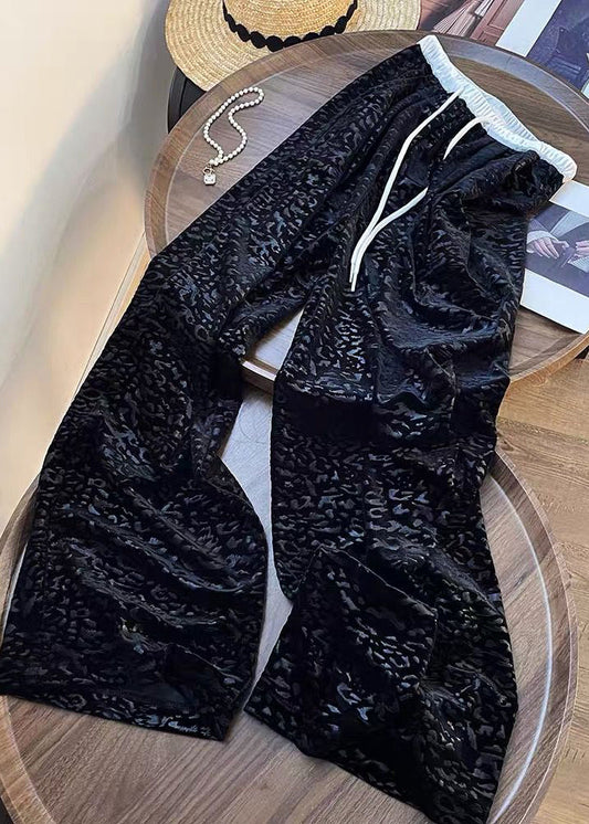 Casual Black Pockets Tie Waist Wide Leg Pants Fall