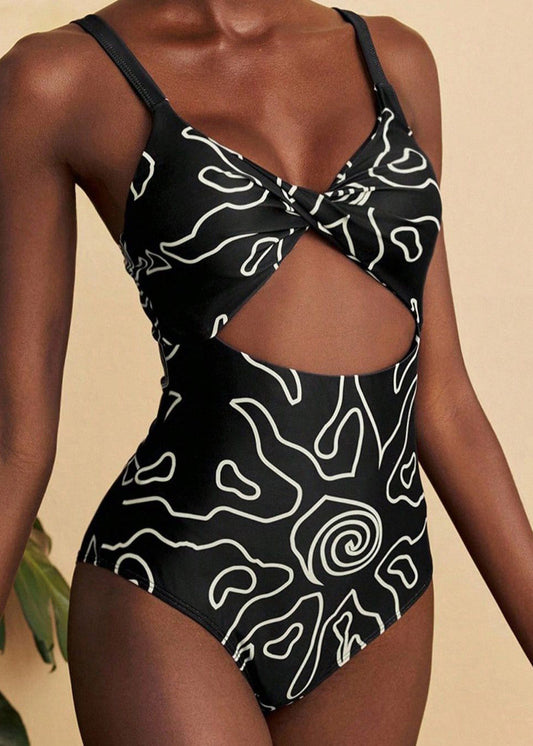 Casual Black Print Hollow Out Bodysuit Swimwear