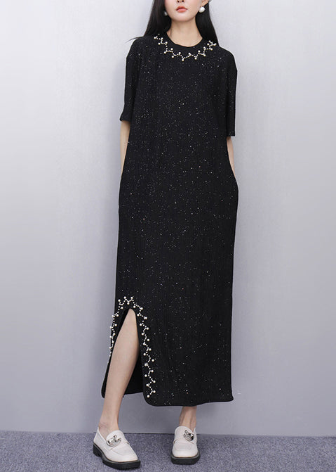Casual Black Sequins Side Open Cotton Straight Dress Summer