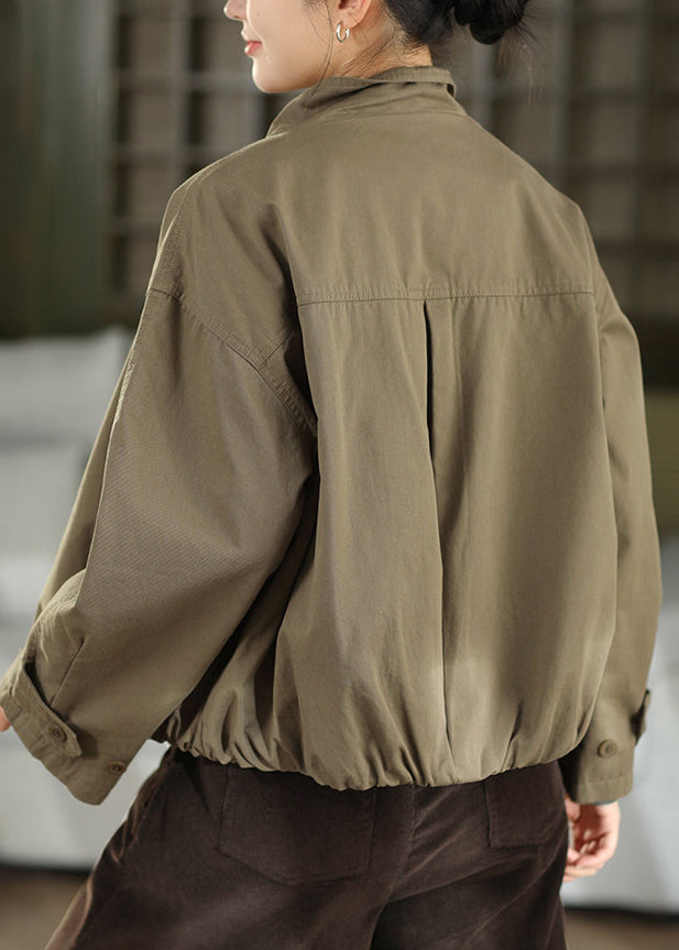 Casual Black Stand Collar Pockets Button Cotton Coat Fall