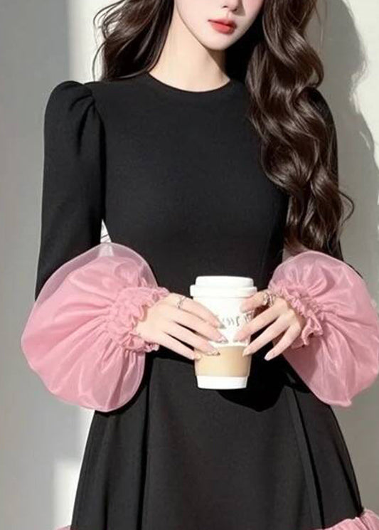 Casual Black Tulle Patchwork Vacation Mid Dresses Puff Sleeve