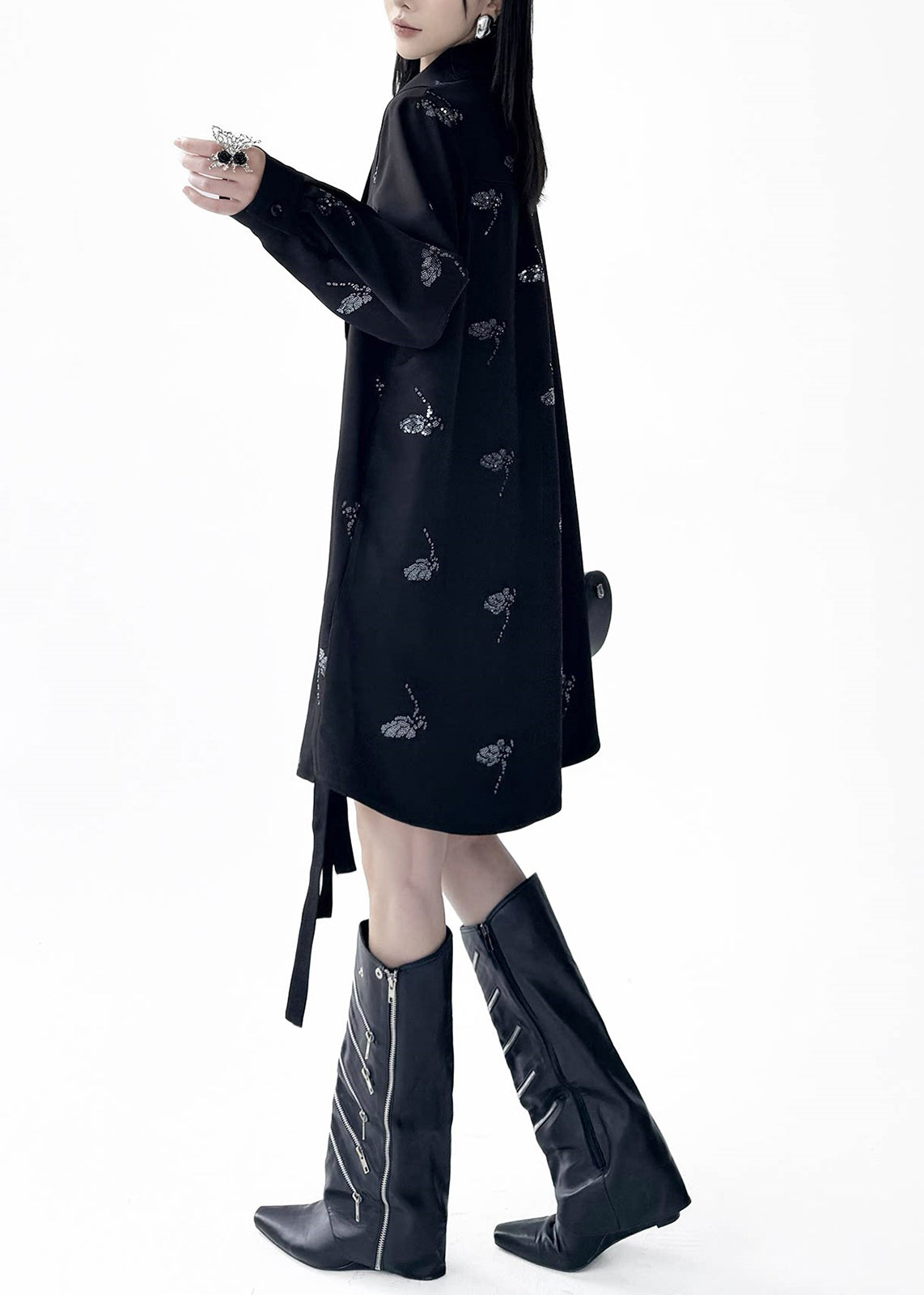 Casual Black Turn-Down Collar Sequins Butterfly Shirts Dress Fall