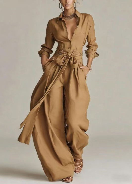Casual Black Turn-down Collar Tie Waist Jumpsuit Long Sleeve