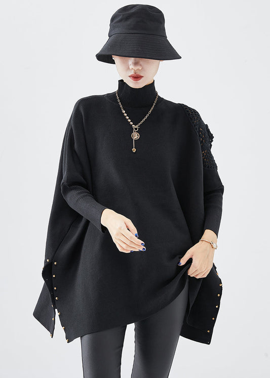 Casual Black Turtle Neck Oversized Side Open Knit Top Fall