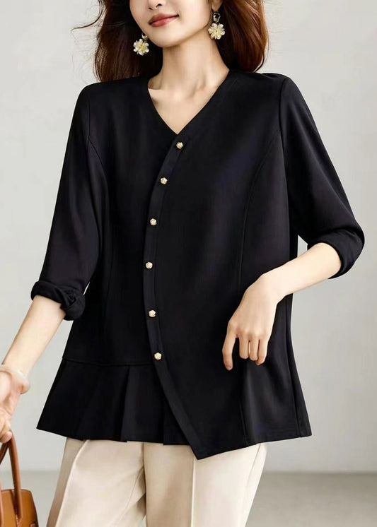 Casual Black V Neck Pleated Shirts Long sleeve