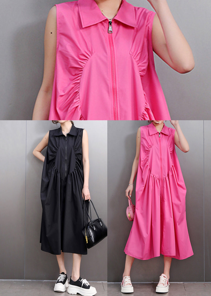 Casual Black Zip Up Wrinkled Cotton Maxi Dresses Sleeveless