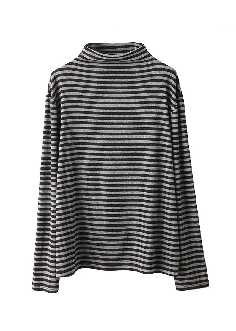 Casual Blue Half Hign Neck Striped Cotton T Shirt Top Fall