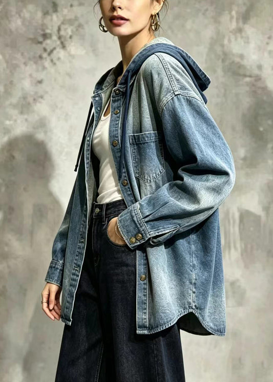 Casual Blue Hooded Oversized Denim Coat Fall