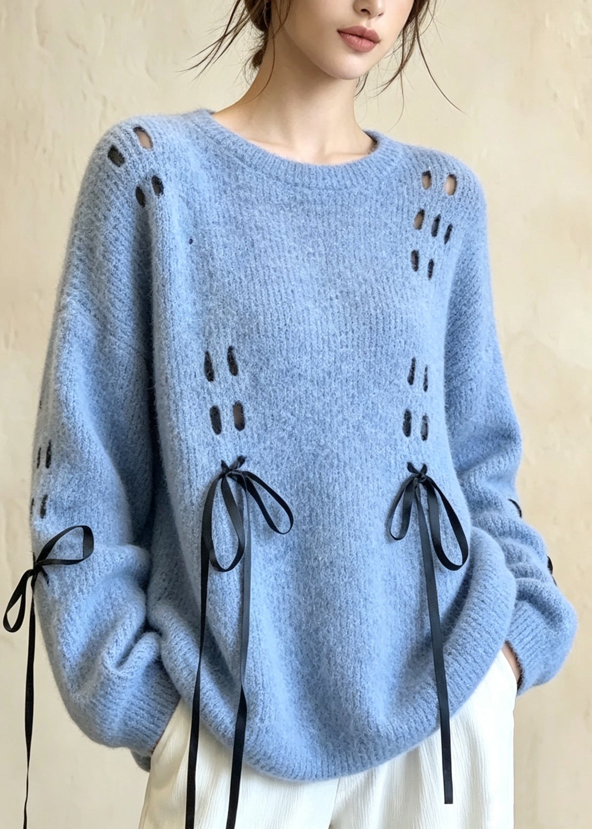 Casual Blue O Neck Bow Lace Up Knit Sweater Tops Fall