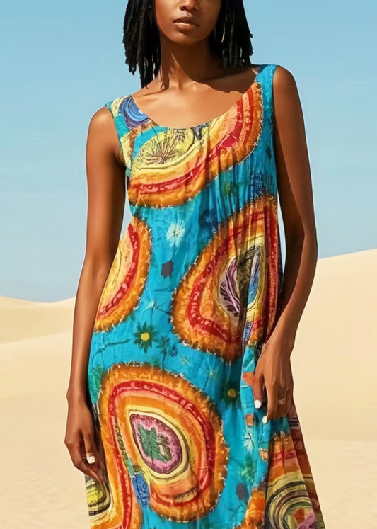 Casual Blue Oversized Print Cotton Maxi Dresses Summer